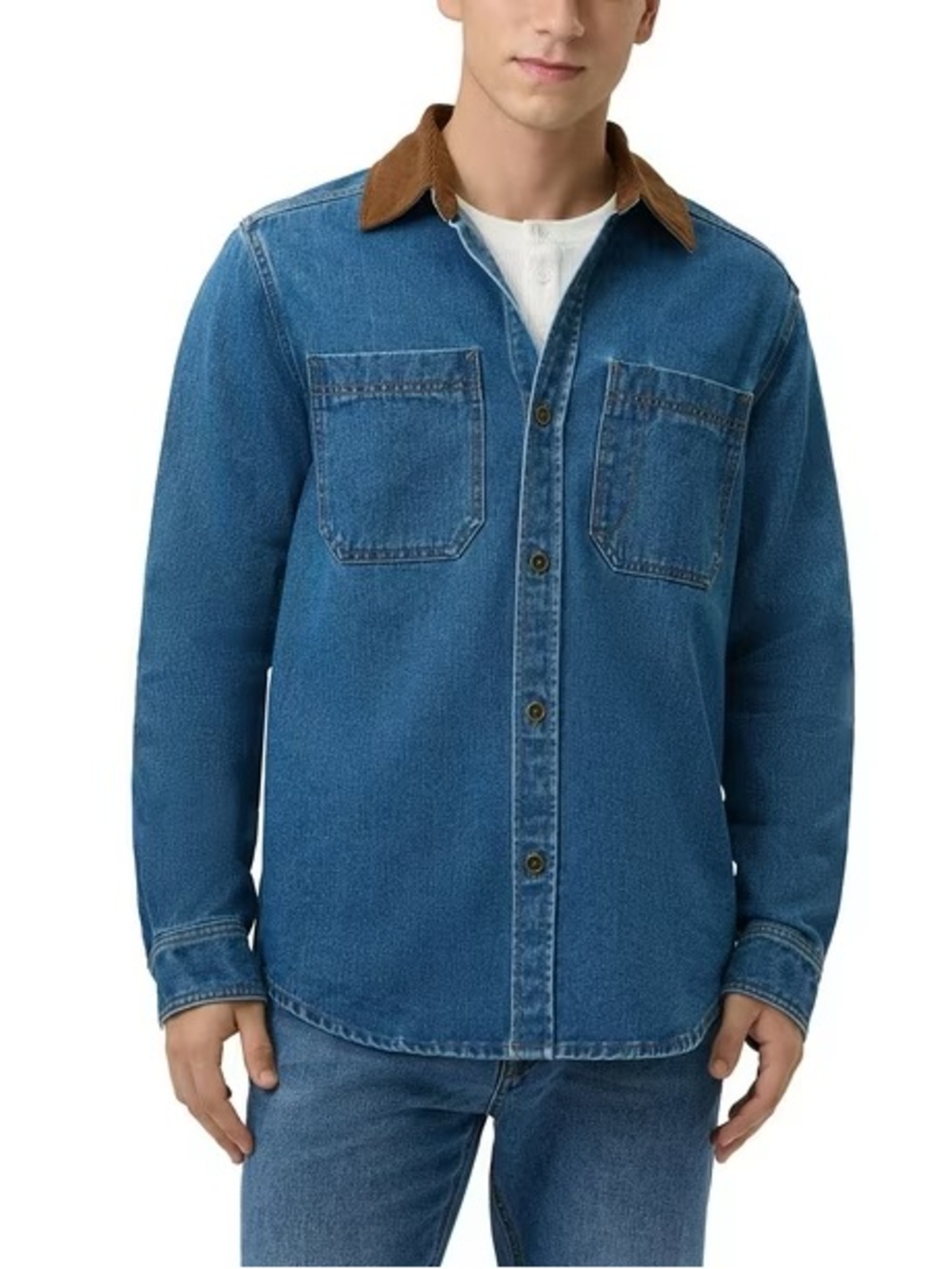 Frye Blue Denim Button-Down Denim Barn Shacket Shirt with Brown Corduroy Collar